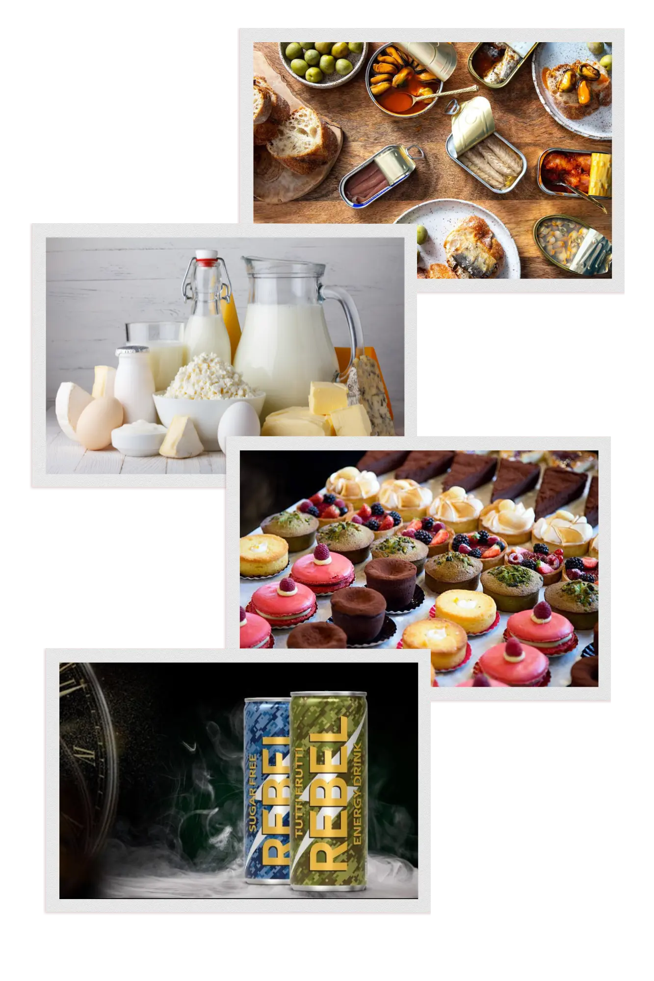 A collage of MTI Africa's product categories: dairy, canned goods, pastries and beverages
